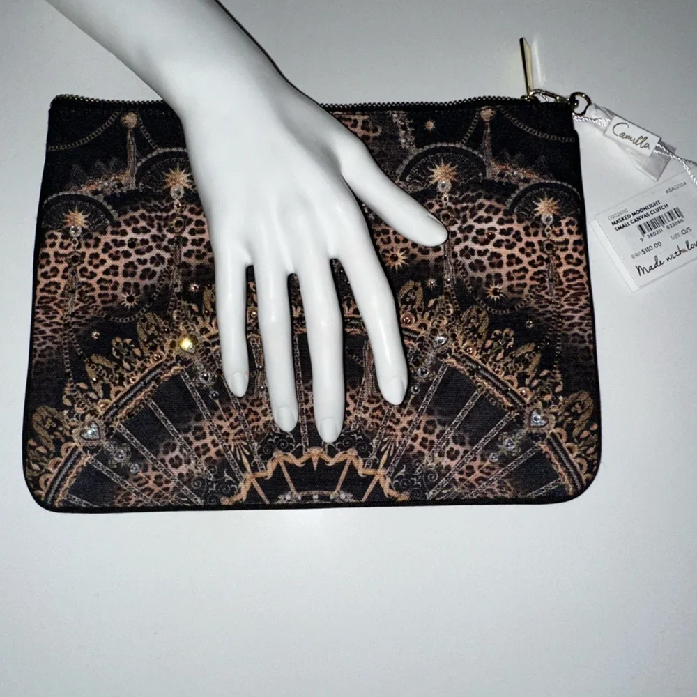 Camilla “Masked Moonlight” black gold leopard boho canvas clutch bag pouch sac